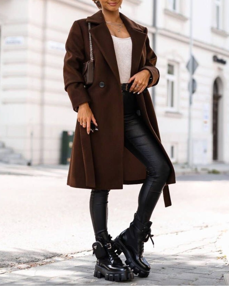 

Long Sleeve Double Breasted Belted Overcoat, Brown