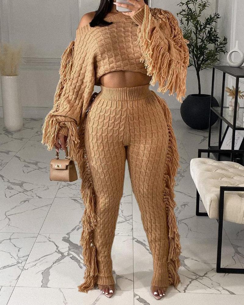

Knit Tassel Design Sweater & High Waist Pants Set, Apricot