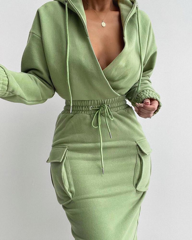 

Flap Detail Drawstring Waist Hooded Sweatshirt Dress, Green