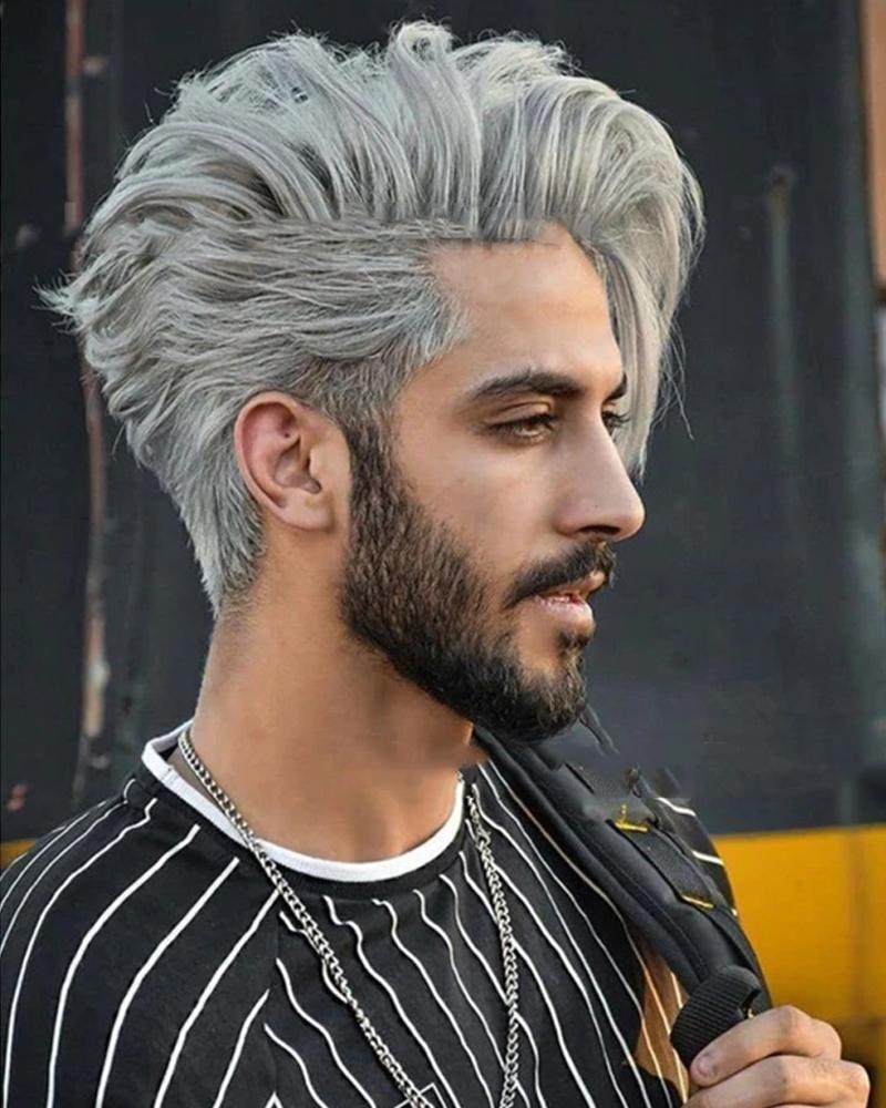 

Solid Gray Silver Short Hair Human Hair Blend Wig Short Straight Pixie Cut Straight Side Part Machine Made Natural Silver