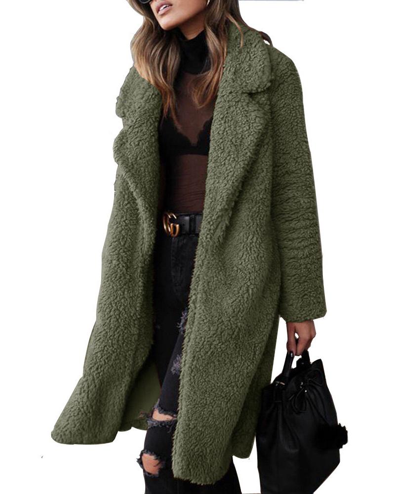 

Long Sleeve Casual Longline Teddy Coat, Army green