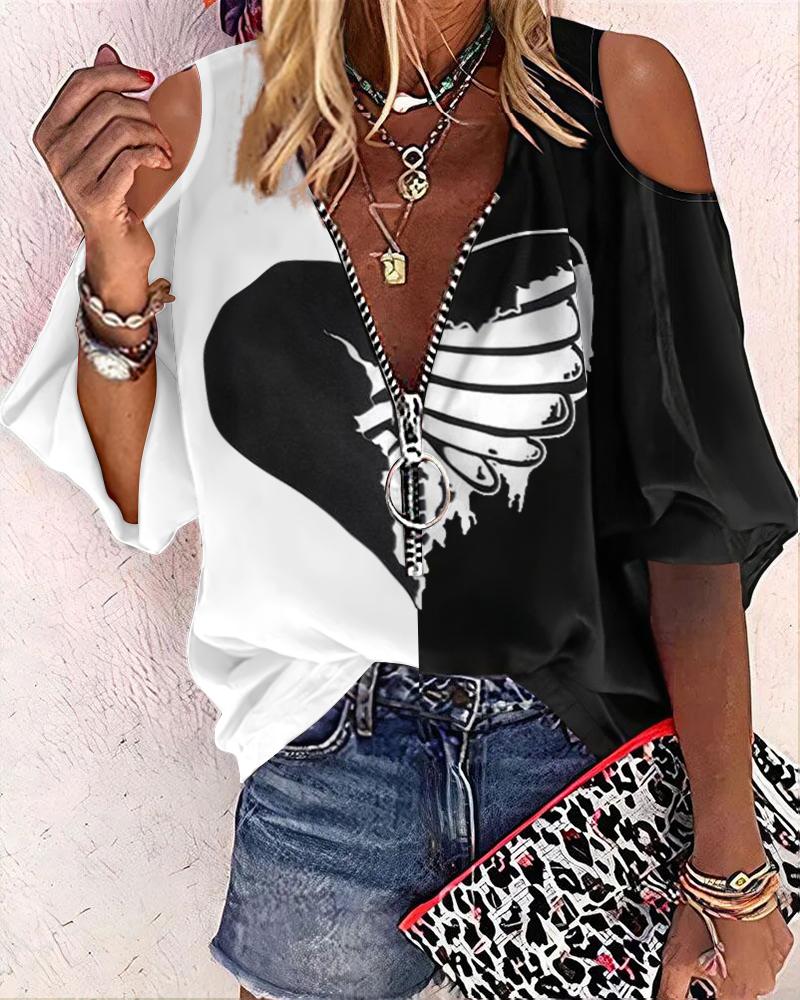 

Butterfly Print Colorblock Cold Shoulder Top, Blackwhite