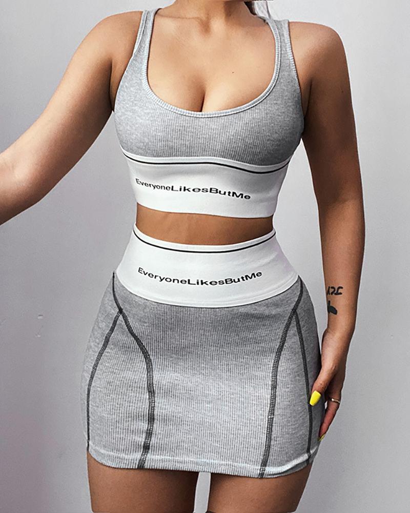 

Letter Print Colorblock Crop Top & Skirt Sets, Gray