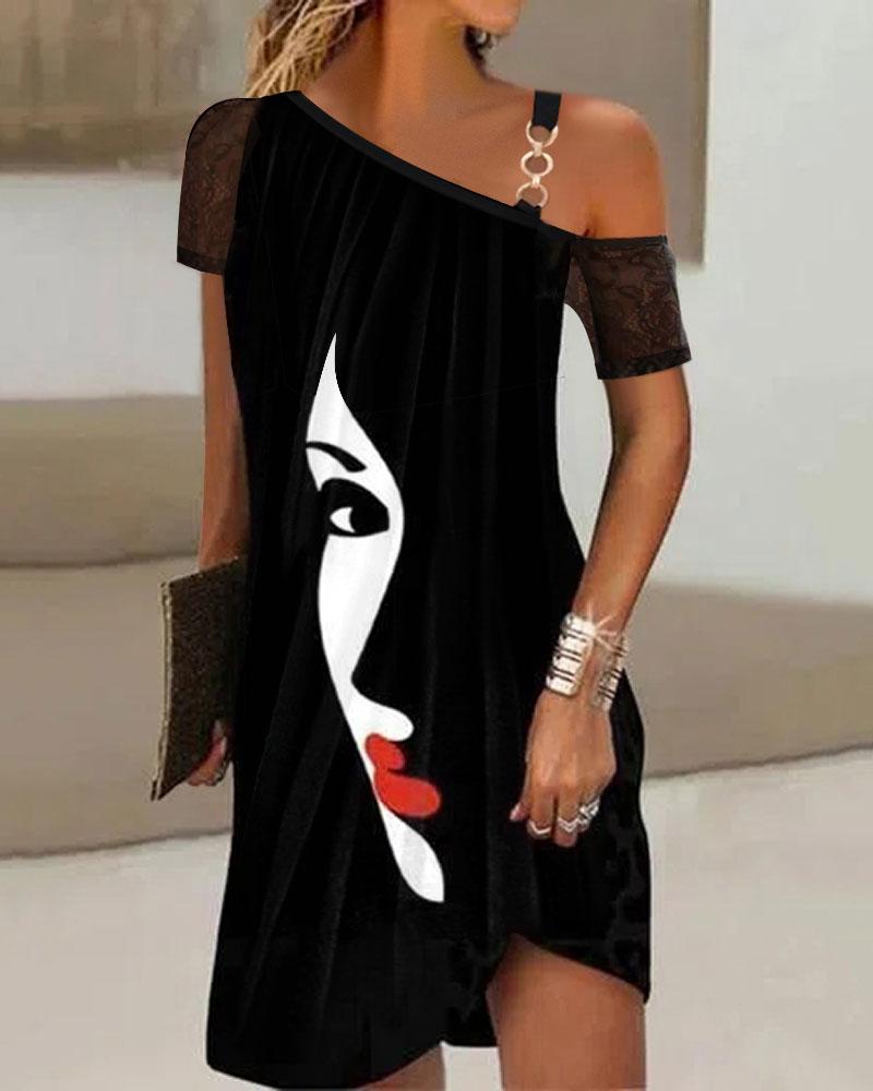 

Abstract Figure Print Cold Shoulder Casual Dress, Black