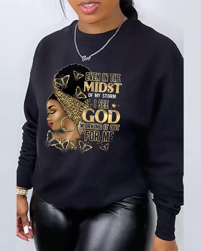 

Plus Size Figure Letter Print Long Sleeve Sweatshirt, Black
