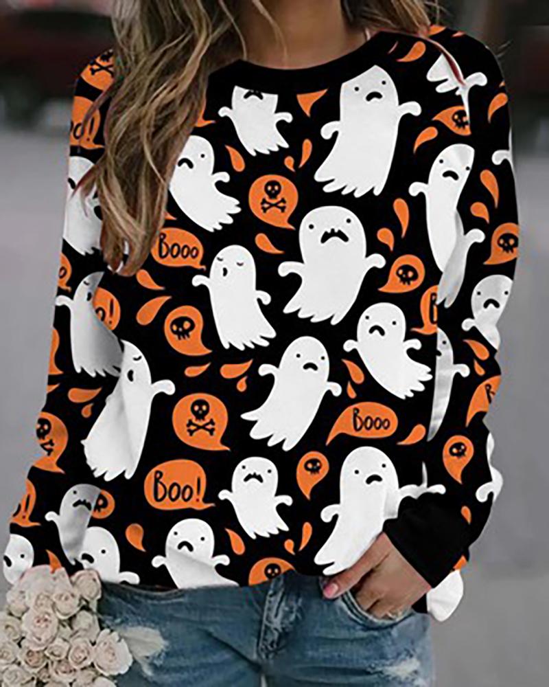 

Halloween Cartoon Print Long Sleeve Sweatshirt, Black