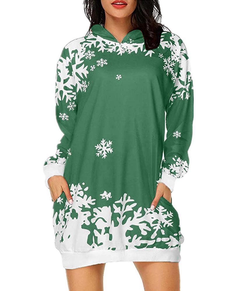 

Christmas Snowflake Print Pockets Longline Hooded Top, Green