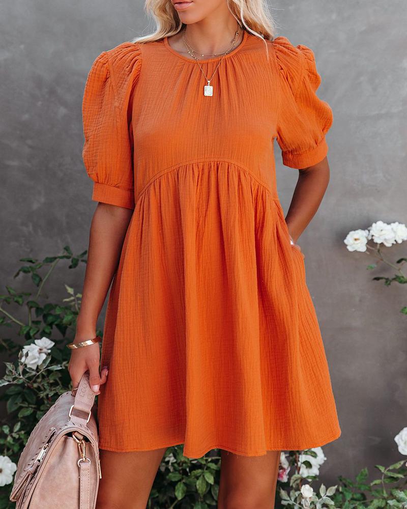 

Solid Color Puff Sleeve Midi Dress, Orange