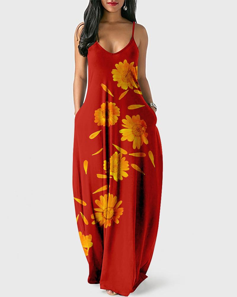 

Plus Size Floral Print Spaghetti Strap Maxi Dress, Red