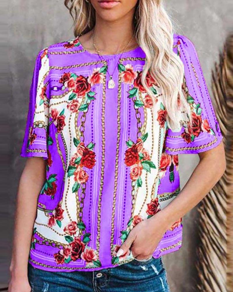 

Floral Chain Print Half Sleeve Casual Top, Purple