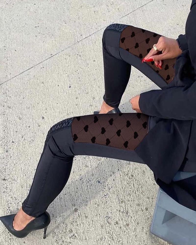 

Heart Pattern Sheer Mesh Lace-Up Skinny Pants, Black