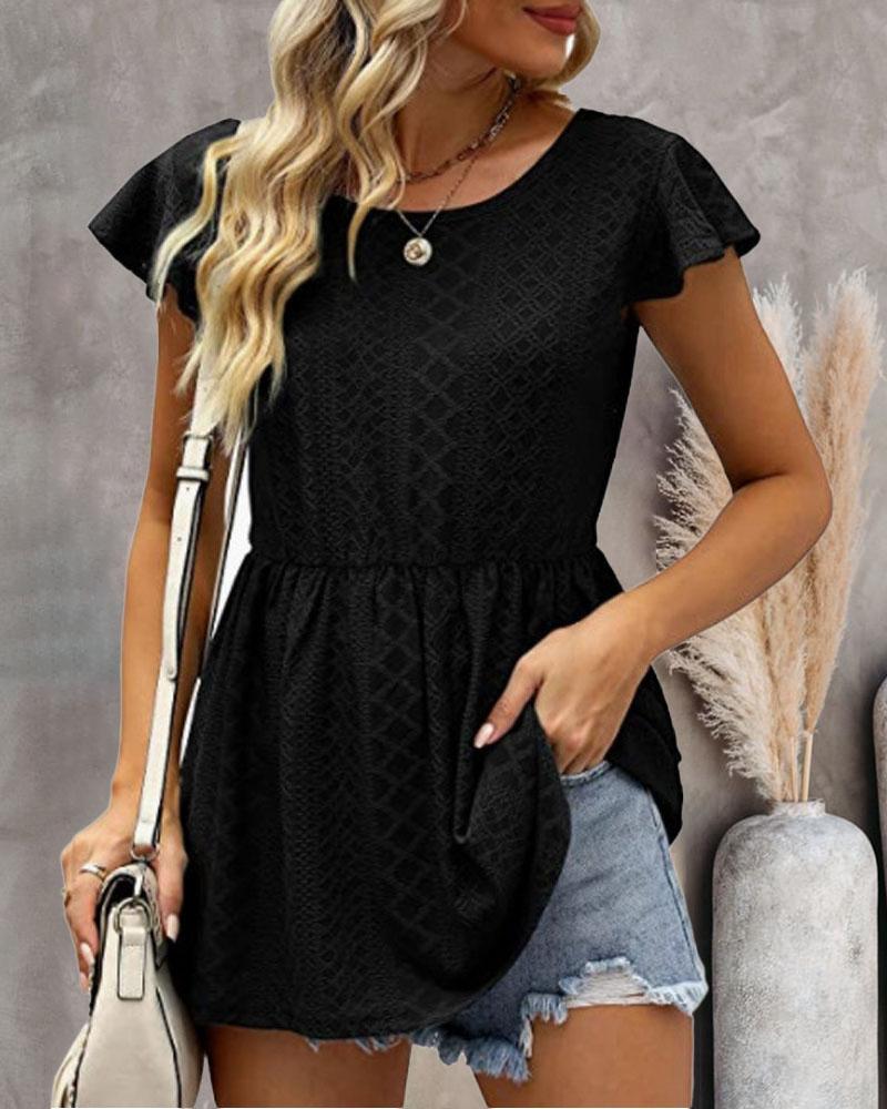 

Patchwork Hollow Out Open Back Peplum Top, Black
