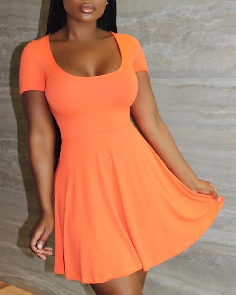 

U-Neck Short Sleeve Casual Dress, Orange