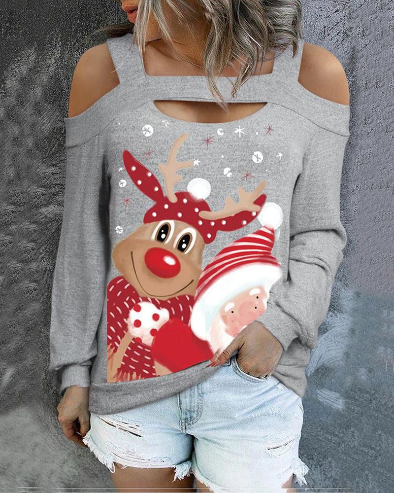

Christmas Snowflake Santa Claus Print Cold Shoulder Top, Gray