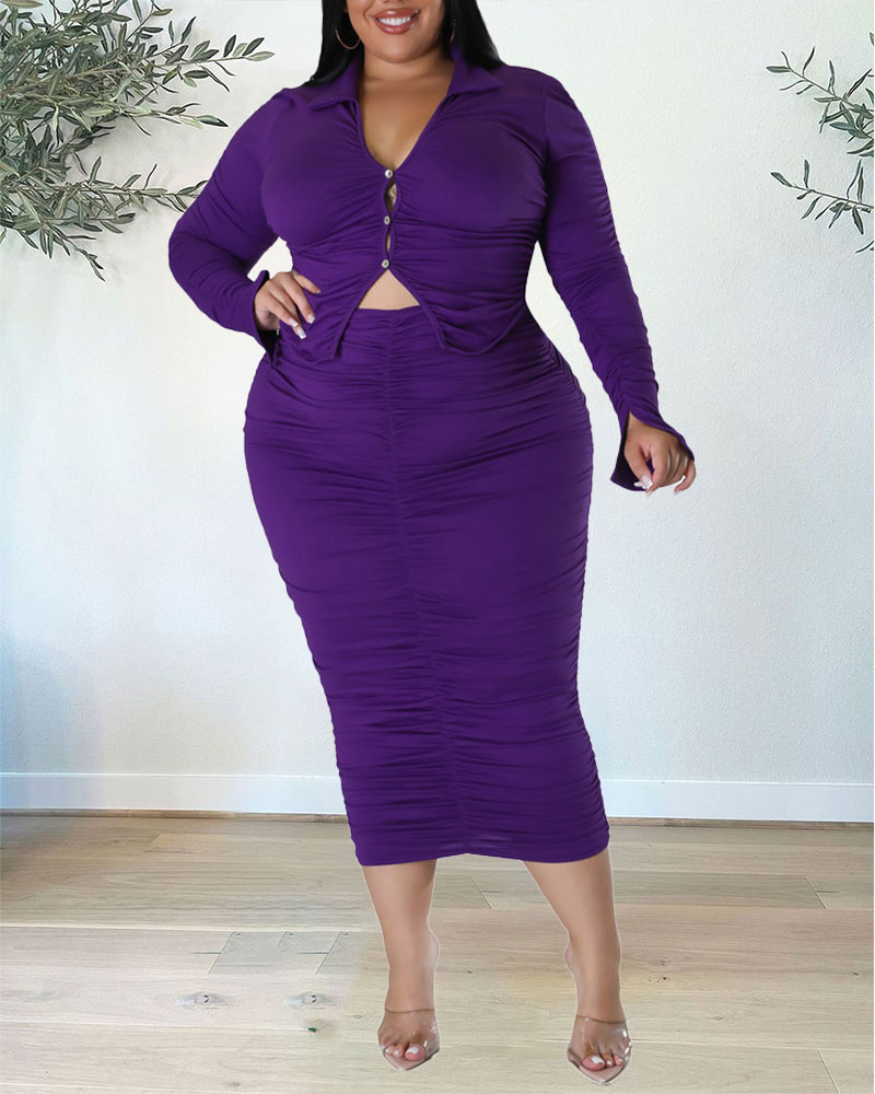

Plus Size Long Sleeve Buttoned Shirt & Ruched Skirt Set, Purple