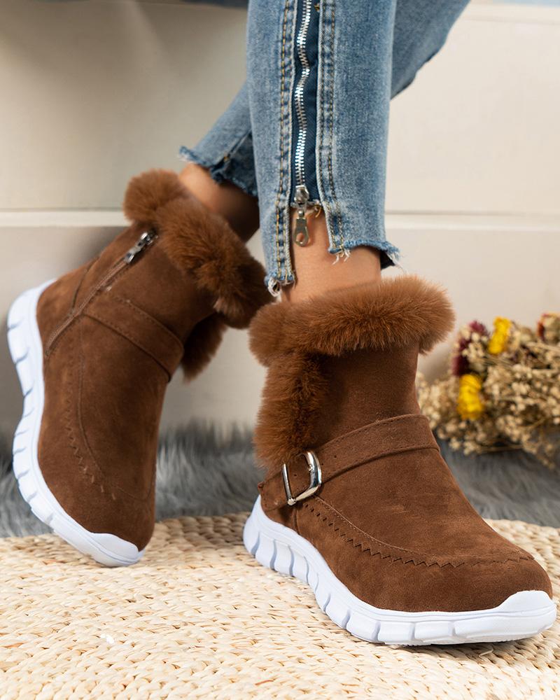 

Fuzzy Trim Buckled Lined Snow Boots, Brown