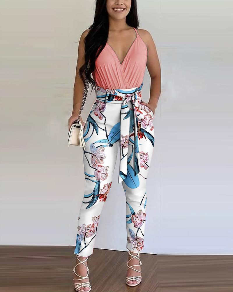 

Plain Ruched Top & Floral Print Pants Colorblock Set, Pink
