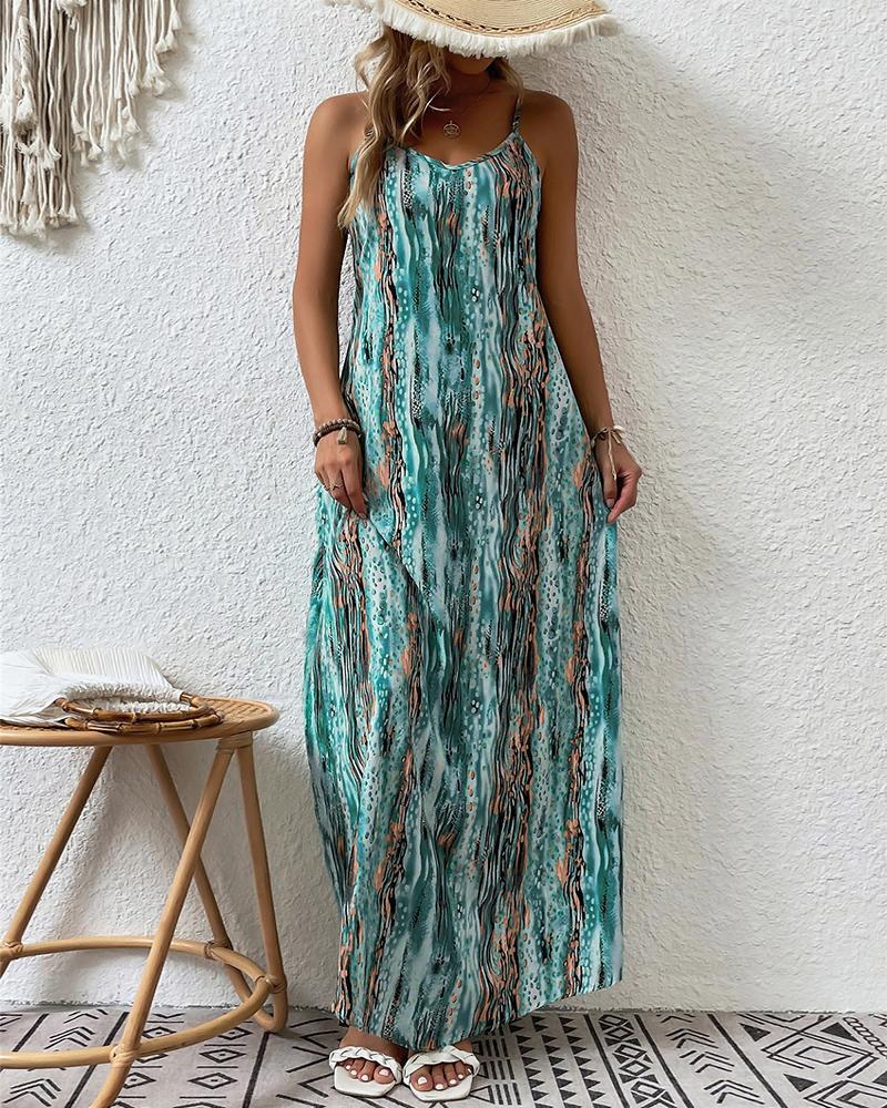 

Abstract Print Spaghetti Strap Maxi Dress, Blue