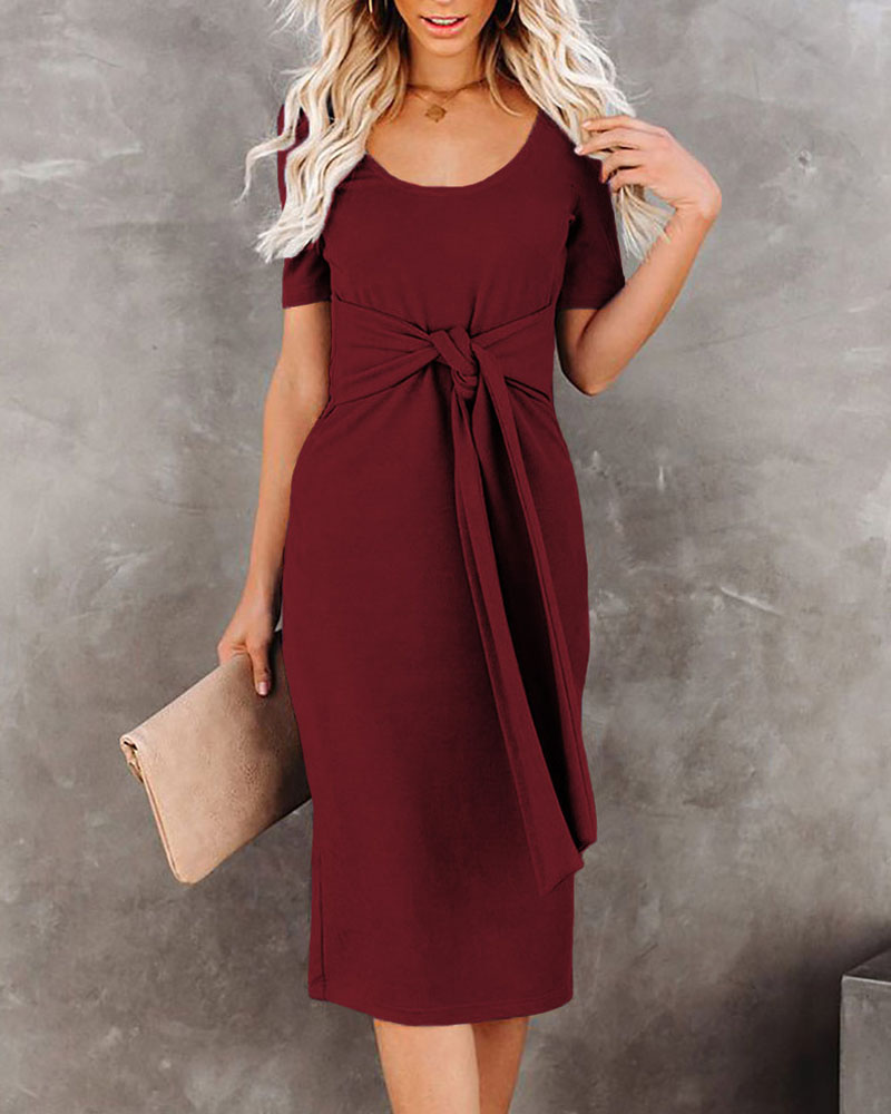 

Short Sleeve Tied Detail Casual Dress, Wine red