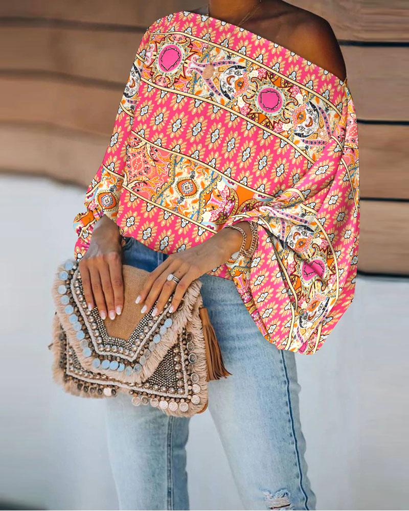 

Tribal Print Skew Neck Lantern Sleeve Top, Hot pink