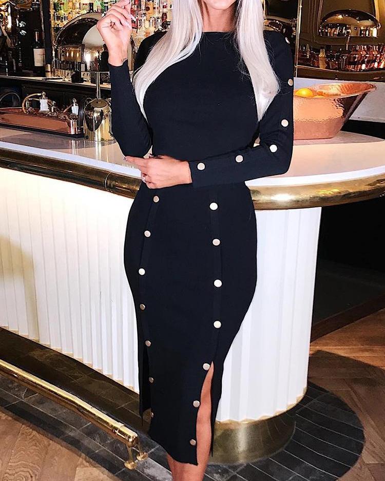 

Metallic Botton Design Slit Long Sleeve Dress, Black