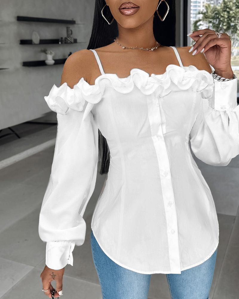 

Ruffle Hem Buttoned Off Shoulder Top, White