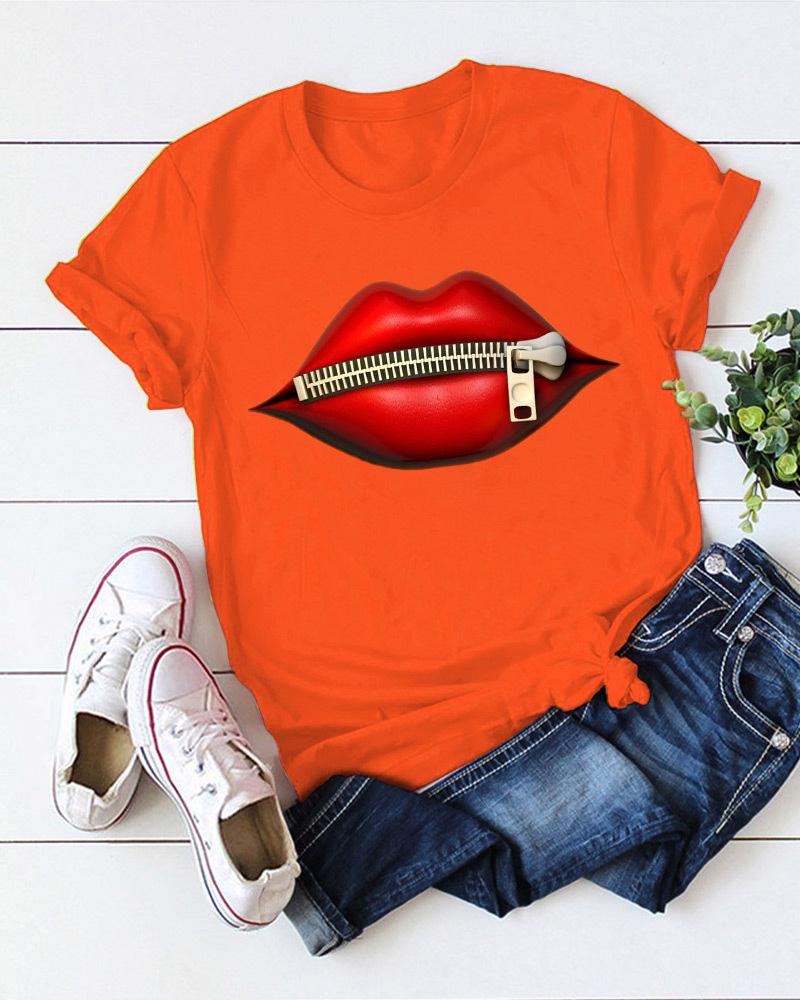 

Plus Size Zipper Lip Print Casual T-shirt, Orange