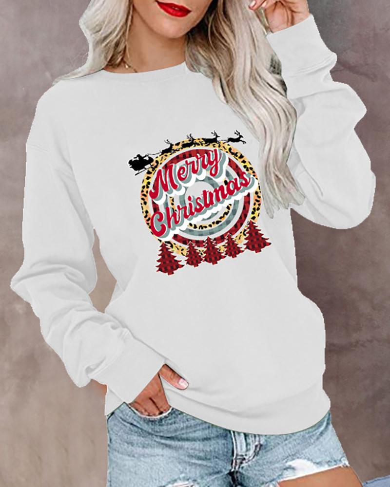 

Christmas O-Neck Long Sleeve Graphic Letter Print Top, White