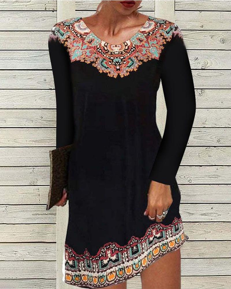 

Tribal Print Long Sleeve Casual Dress, Black
