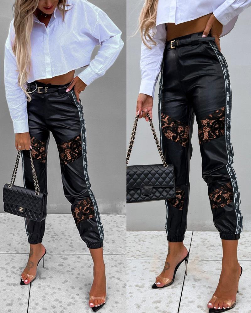 

Contrast Lace PU Leather High Waist Cuffed Pants, Black