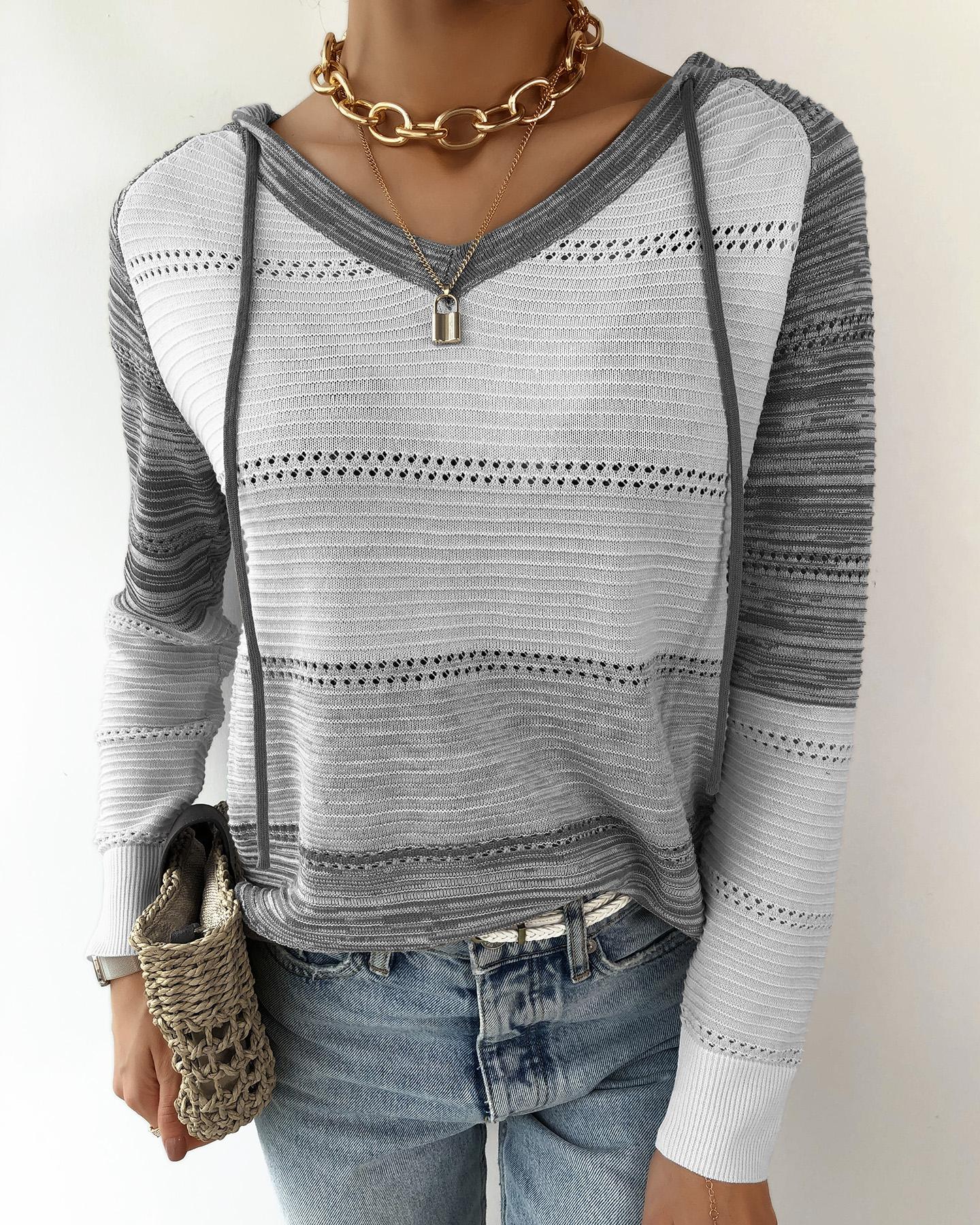 

Knit Colorblock Hollow Out Hooded Sweater, Gray