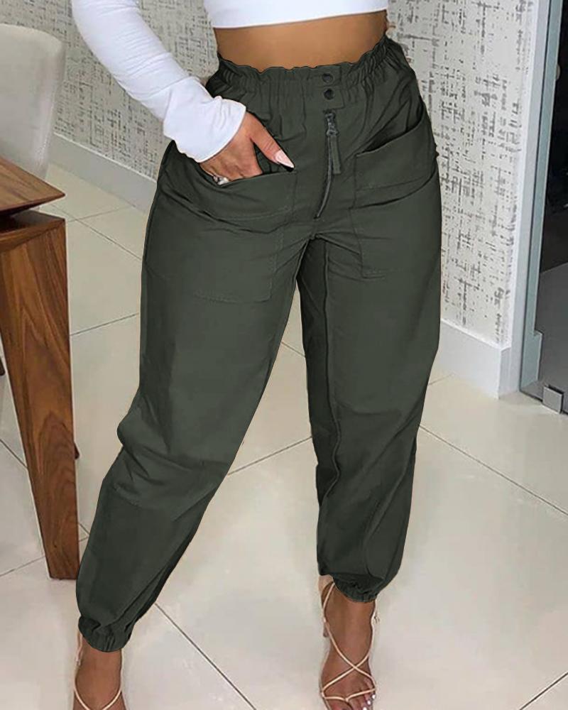 

Shirred Waist Pocket Design Cuffed Pants, Army green