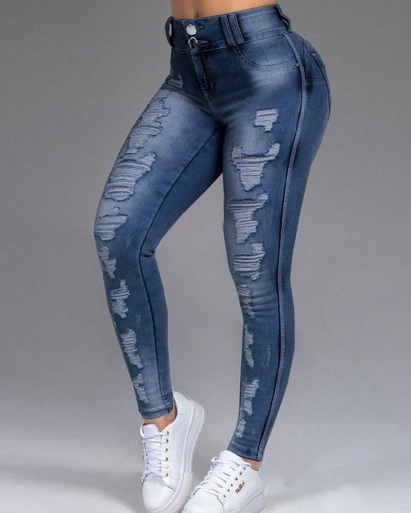 

Colorblock Ripped High Waist Jeans, Dark blue