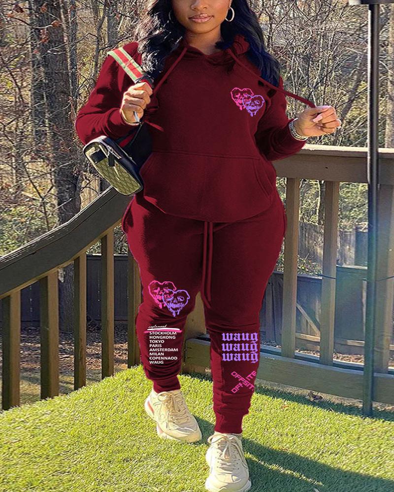 

Plus Size Letter Heart Print Casual Hoodie & Pants Set, Wine red