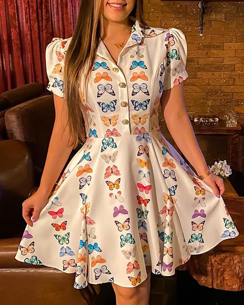

Butterfly Print Button Decor Puff Sleeve Dress, White