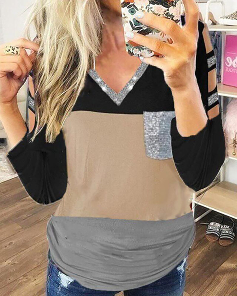 

Sequins Colorblock Long Sleeve Top, Black