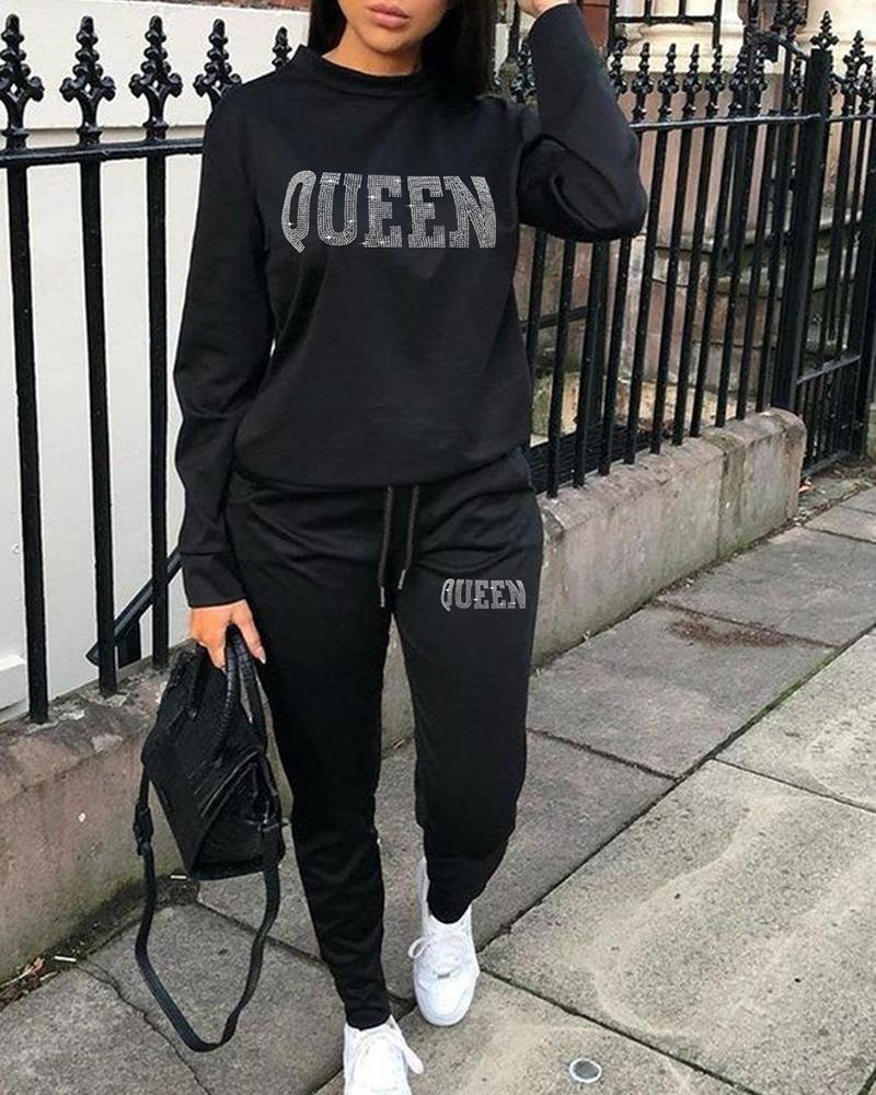 

Rhinestone Letter Pattern Sweatshirt & Drawstring Pants Set, Black