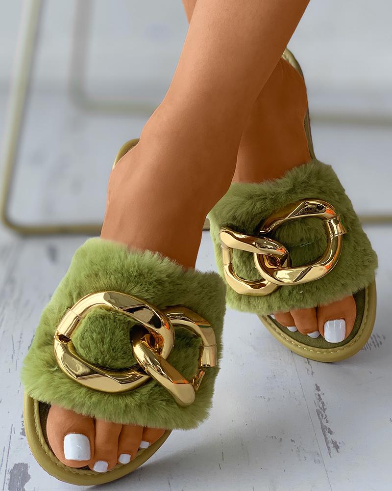 

Chain Decor Fluffy Slide Slippers, Green
