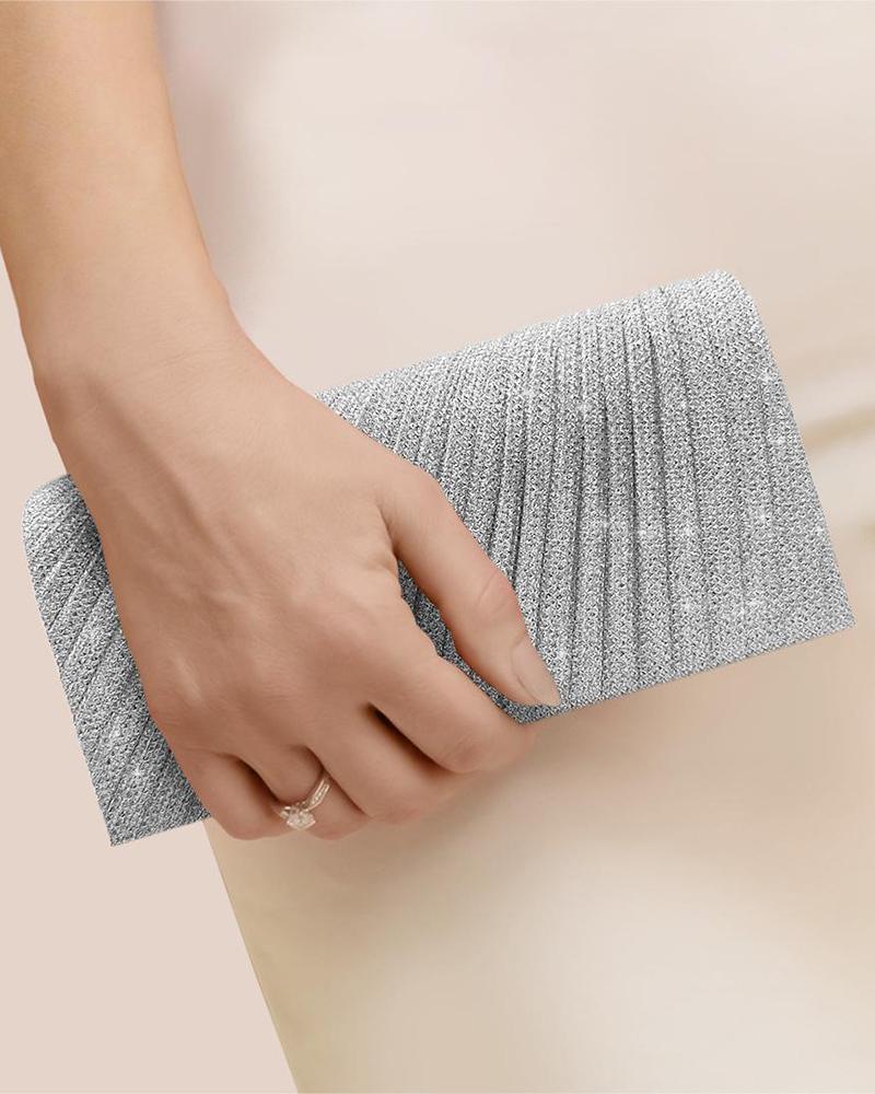 

Glitter Ruched Chain Strap Evening Clutch Bag, Silver
