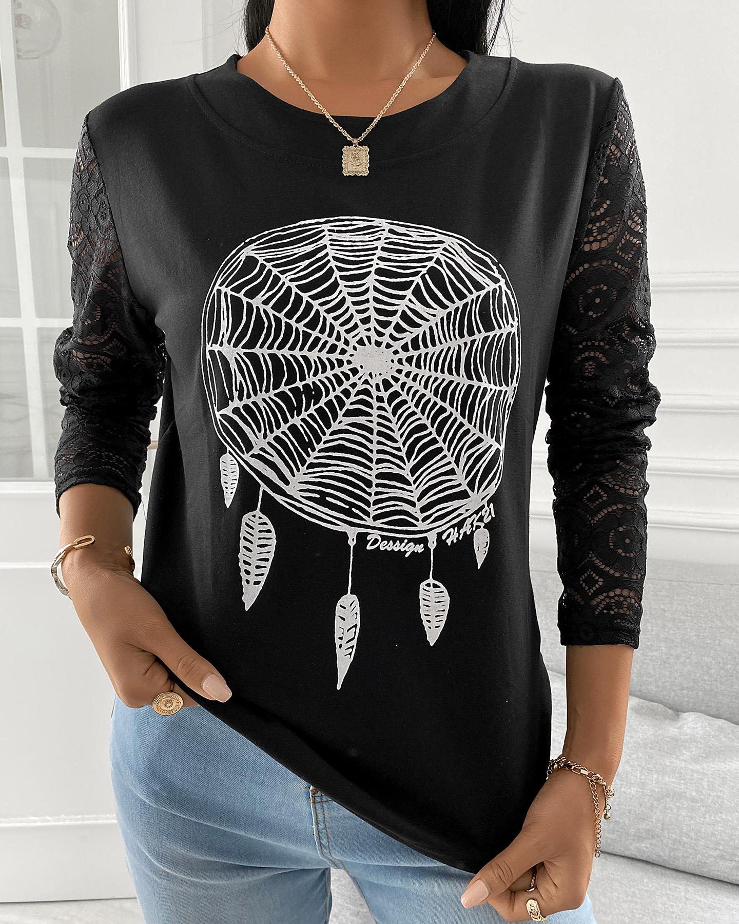 

Long Sleeve Net Print Casual T-shirt, Black