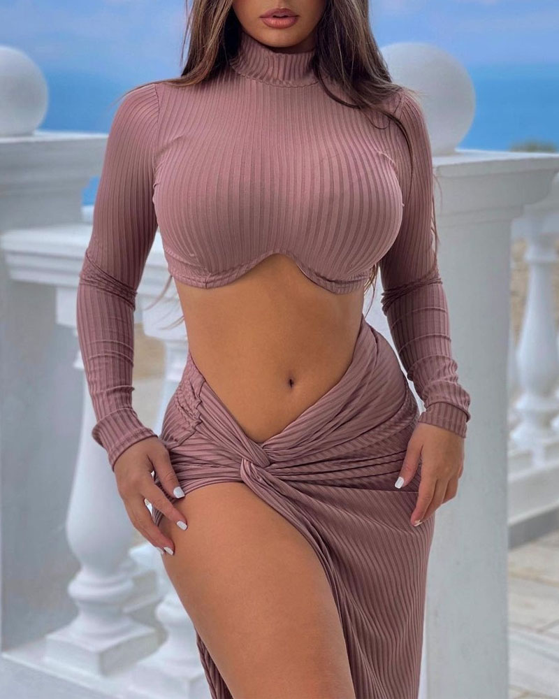 

Ribbed Long Sleeve Crop Top & Twist High Split Skirt Set, Light pink