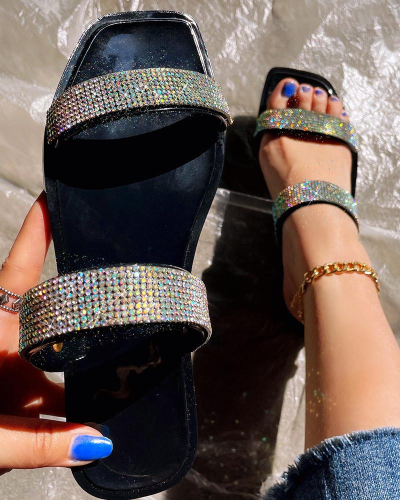 

Rhinestone Double Band Square Toe Slippers, Black