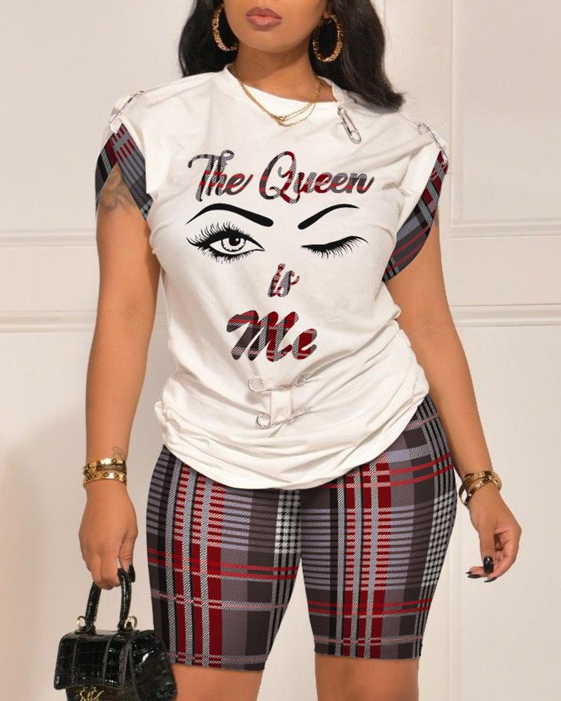 

Plaid Letter Figure Print Top & High Waist Shorts Set, Multicolor