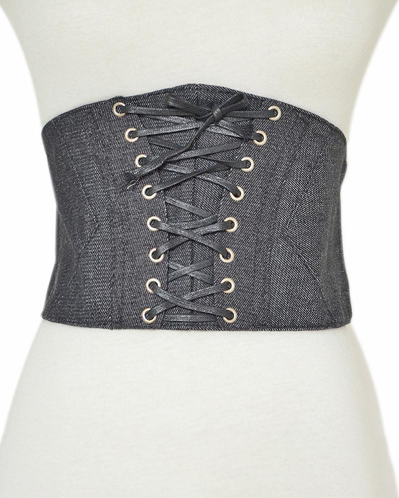 

1pc Grommet Eyelet Lace-up Denim Wide Belt, Black
