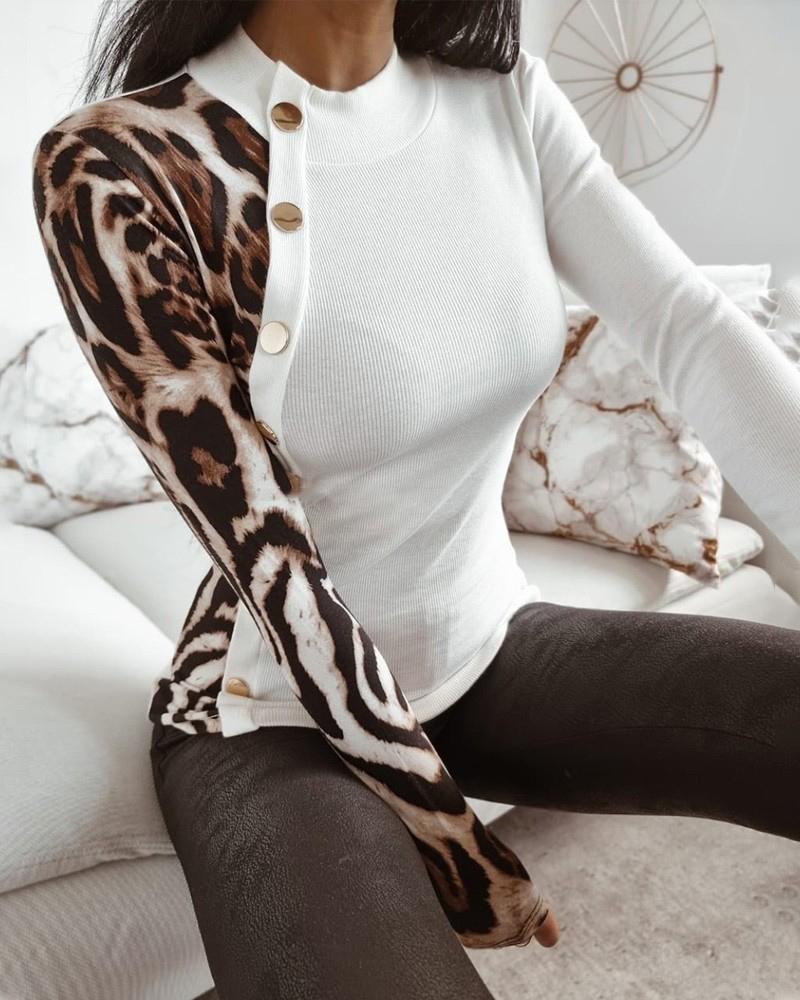 

Leopard Patchwork Button Design Ribbed Top, White