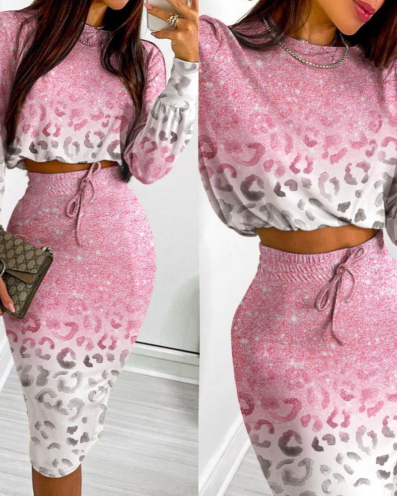 

Leopard Print Long Sleeve Crop Top & Skirt Set, Pink