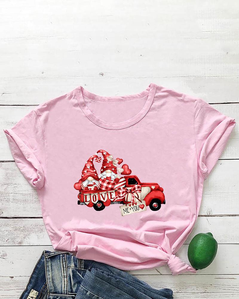 

Valentine' Day Car Dwarf Heart Print O-Neck T-shirt, Pink
