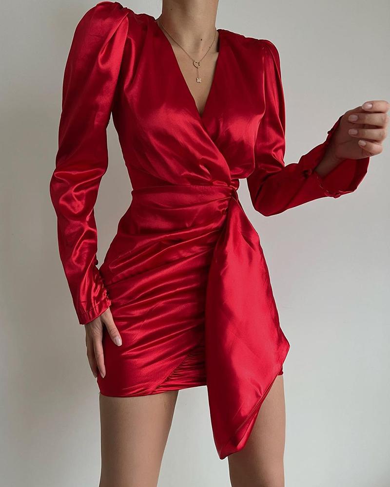 

Puff Sleeve Ruched Asymmetrical Bodycon Dress, Red