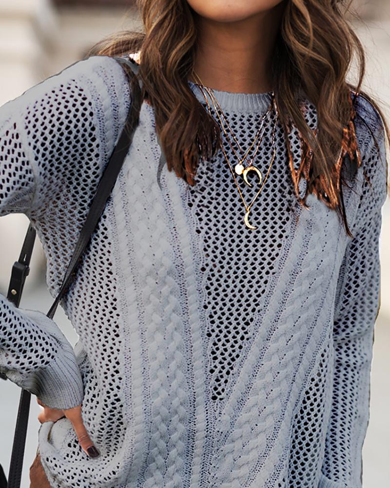 

Solid Round Neck Long Sleeve Hollow Out Sweater, Gray