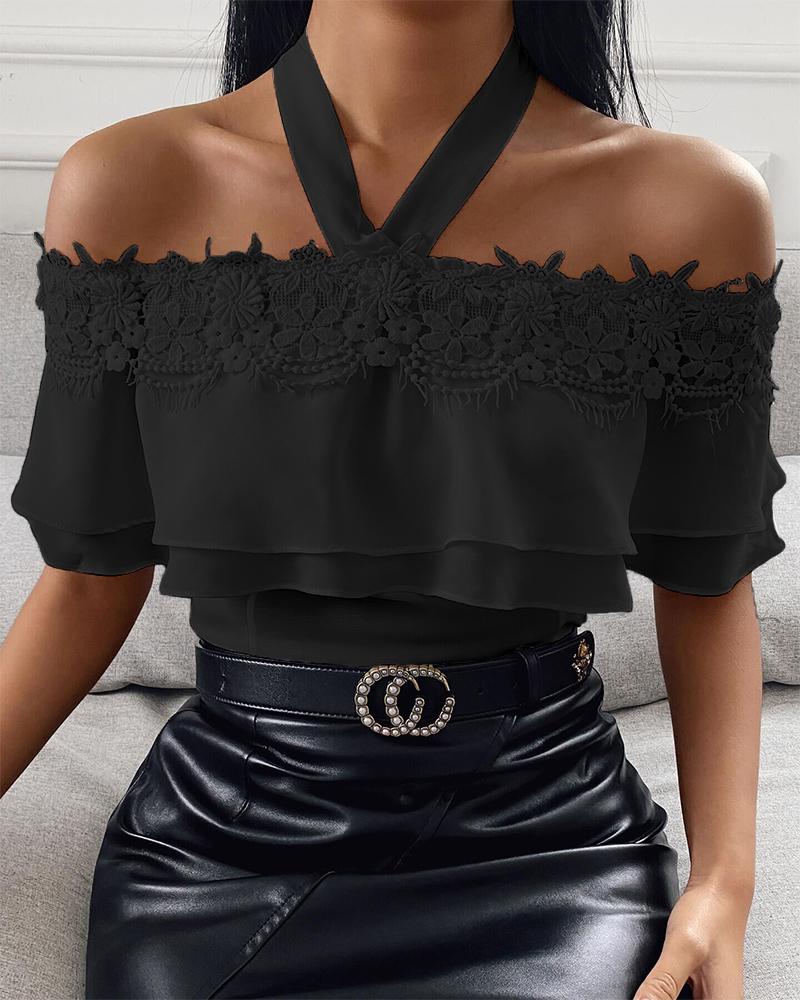 

Halter Floral Pattern Ruffles Hem Blouse, Black